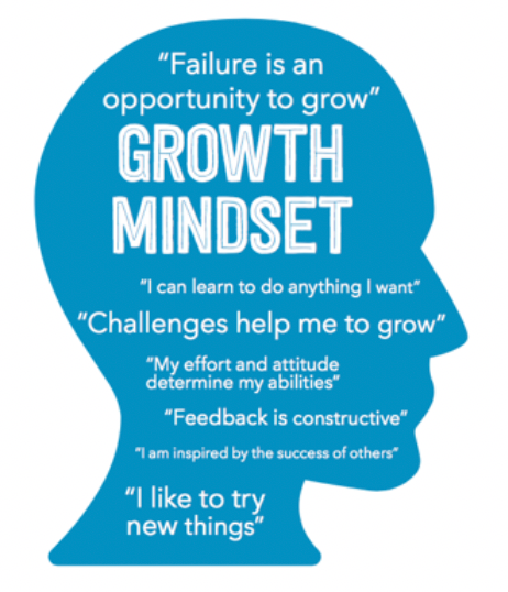 Growth Mindset:

"Failure is an opportunity to grow" 
Growth Mindset

"I can learn to do anything I want"

"Challenges help me to grow"

"My effort and attitude determine my abilities"

"Feedback is constructive"

"I am inspired by the success of others"

"I like to try new things"