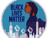 Black Lives Matter girl with blue background, city scape and raised fists.