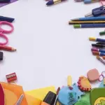 Art supplies, scissors, colored pens, paints