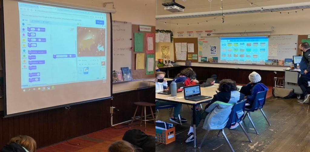 Students in Classroom with Overhead projector images