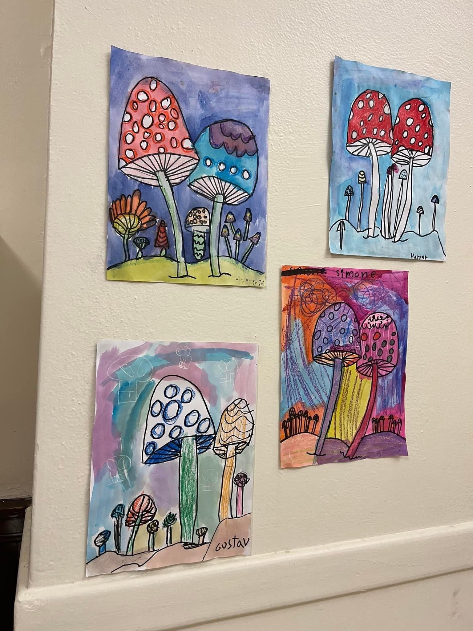 Colorful Mushroom paintings on the hallway wall.